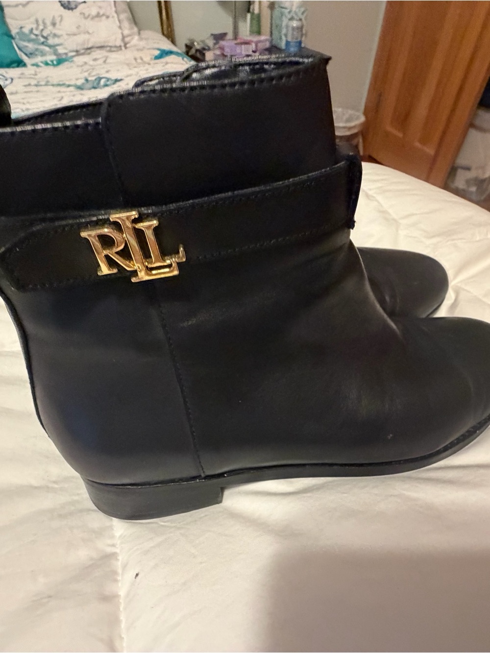 Ralph Lauren Black Leather Ankle Booties with Gold RL Accent